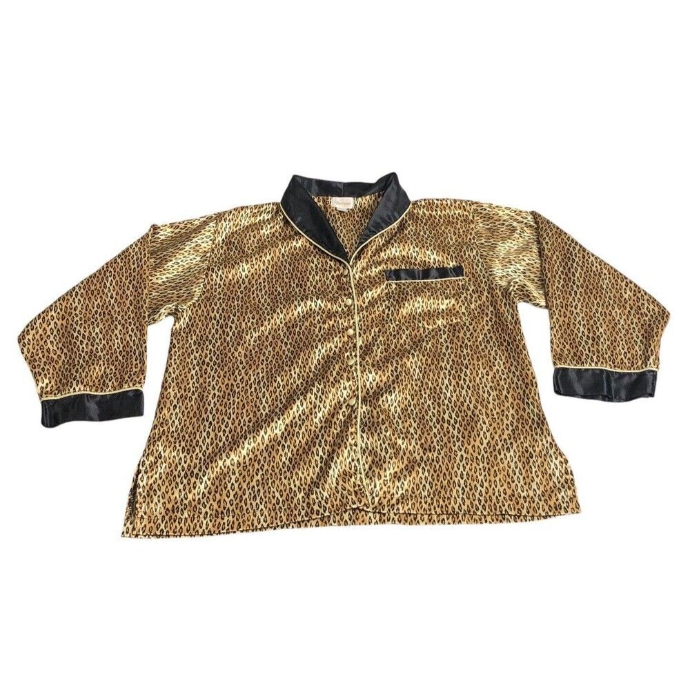 Vintage Barbizon Top Womens L Leopard Satin Pajama Button Front Sleepwear Shirt